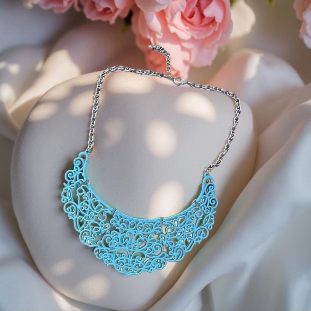 Vibrant Cottagecore Aqua Intricate Filigree Cutout Bib Statement